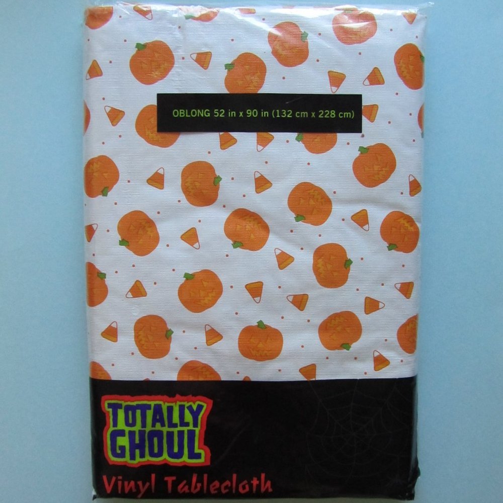 New Totally Ghoul Pumpkin Motif Thanksgiving Oblong Vinyl Tablecloth 52” x 90”
